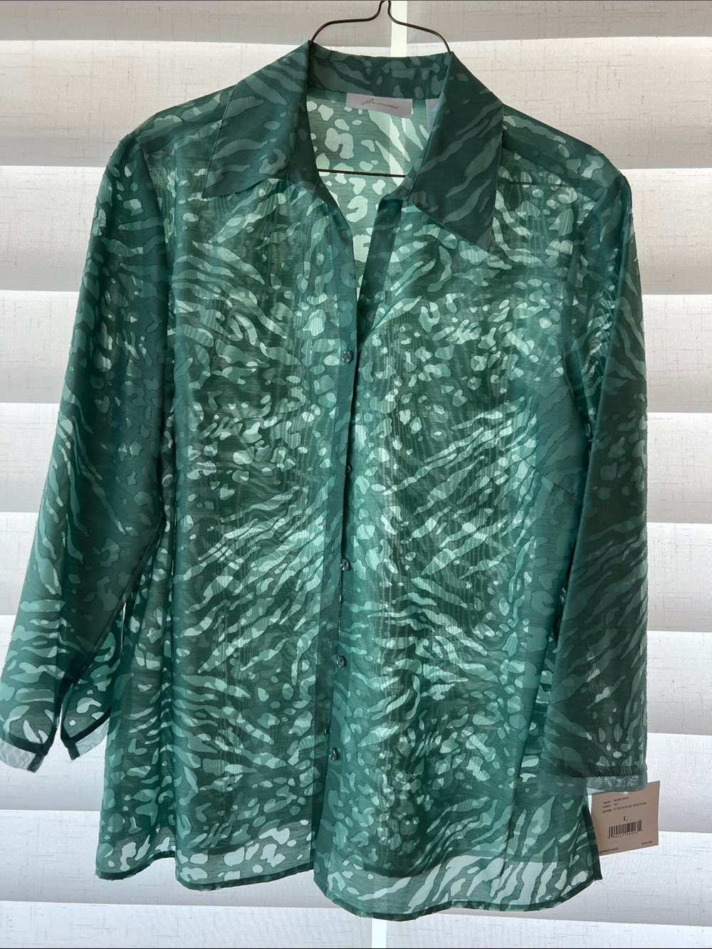 NEW!  Never worn. JH Collectibles Sheer Teal Animal-Print Button Front Blouse
